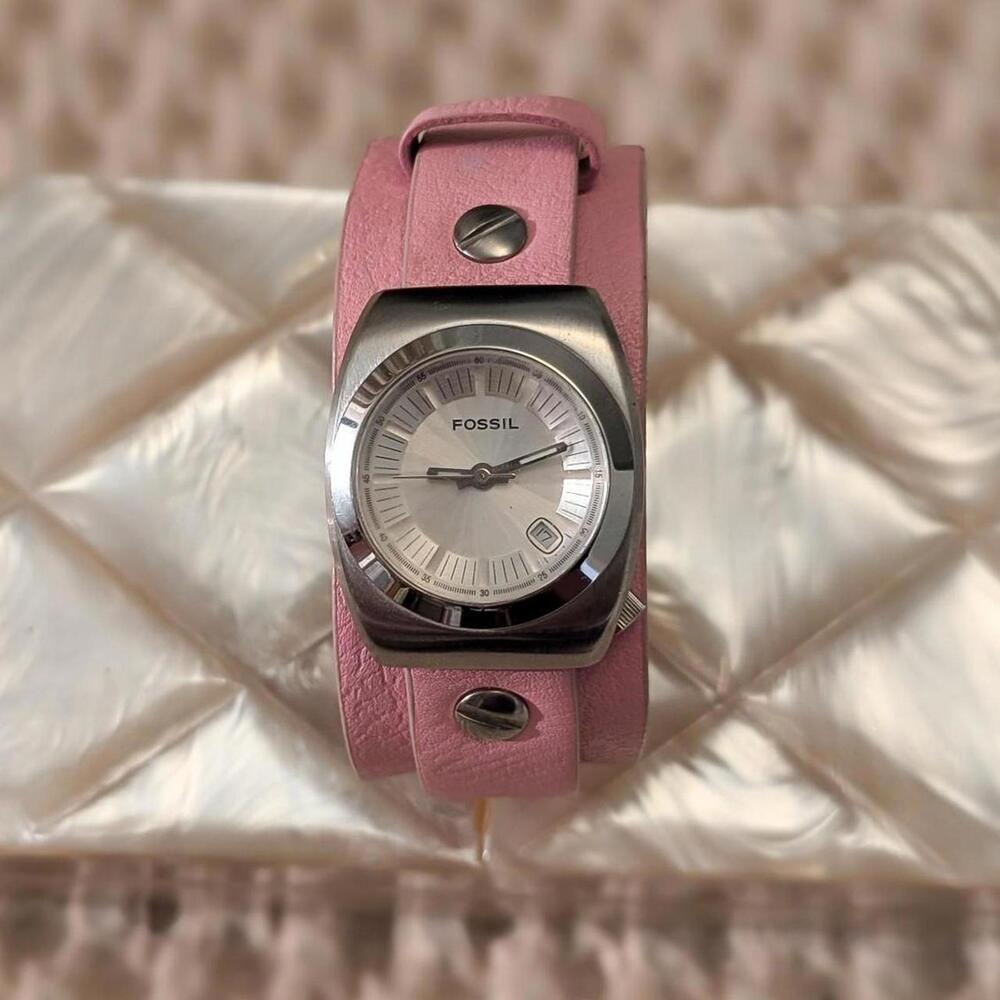 Fossil Pink Wide Leather Cuff Watch • Y2K Retro Statement Timepiece
